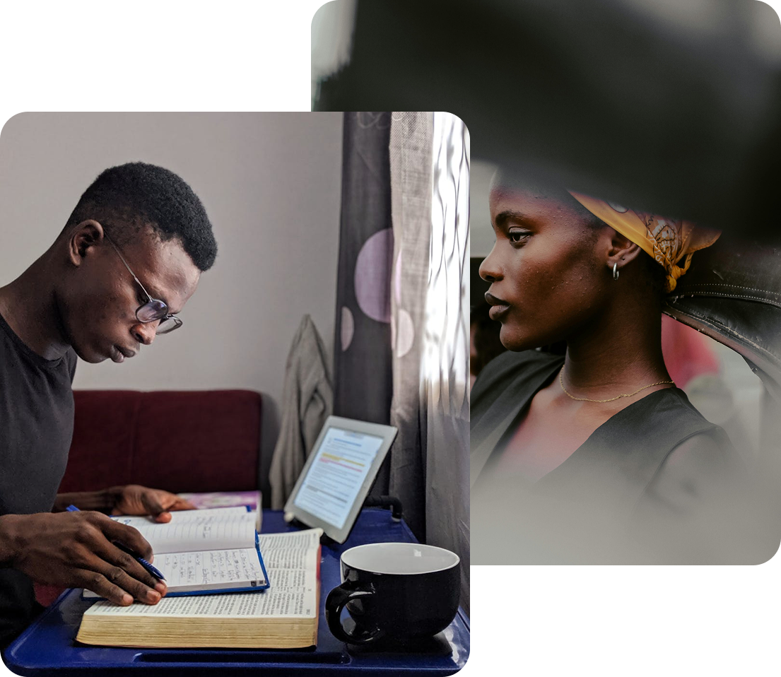 A young man studies intently at home while a woman reflects quietly, symbolizing strength through personal growth and learning.