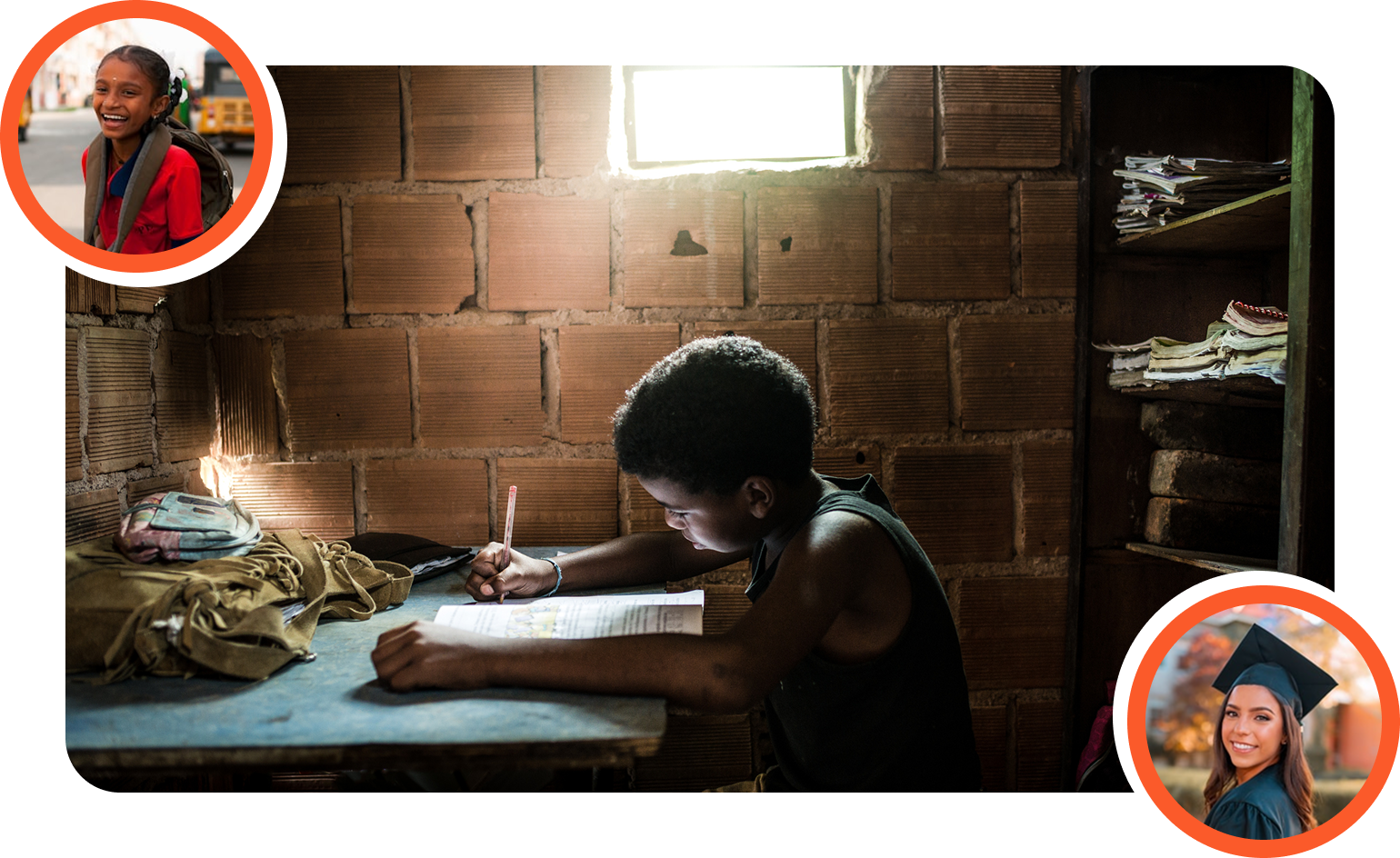 A young boy studying in a dimly lit room with notebooks, surrounded by portraits of joyful and graduating youth — symbolizing transformation through education.