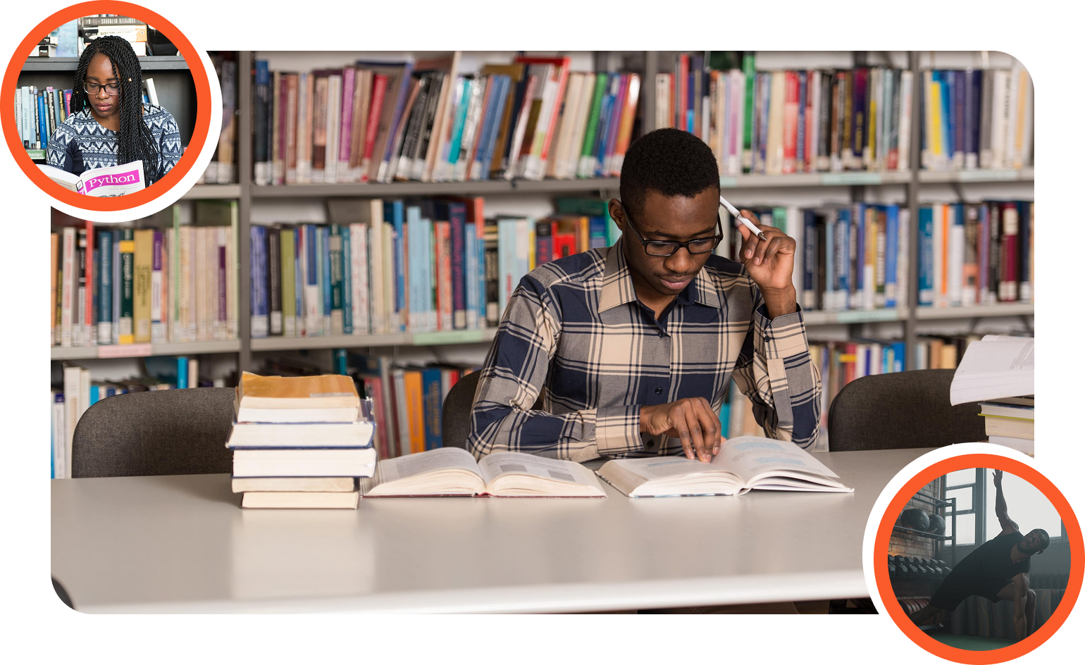 A young man studies intently in a library, surrounded by books, highlighting the power of education and determination.
