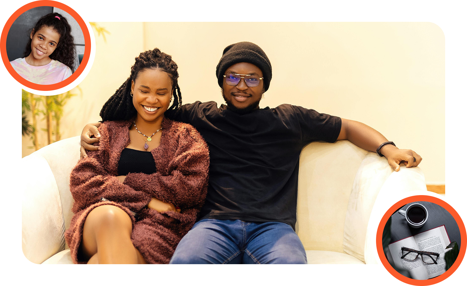 Smiling young couple seated on a couch with framed visuals of a girl and study tools — symbolizing 2Inspire Publications’ flexible, youth-driven resources.