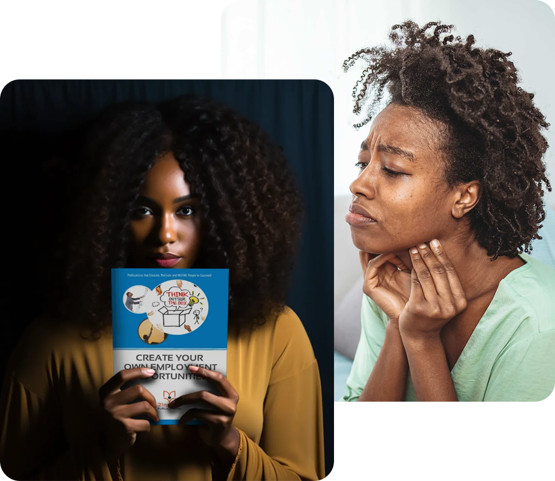 Woman holding an empowerment guide and another in visible discomfort — symbolizing the emotional and practical transformation 2Inspire Publications offers.