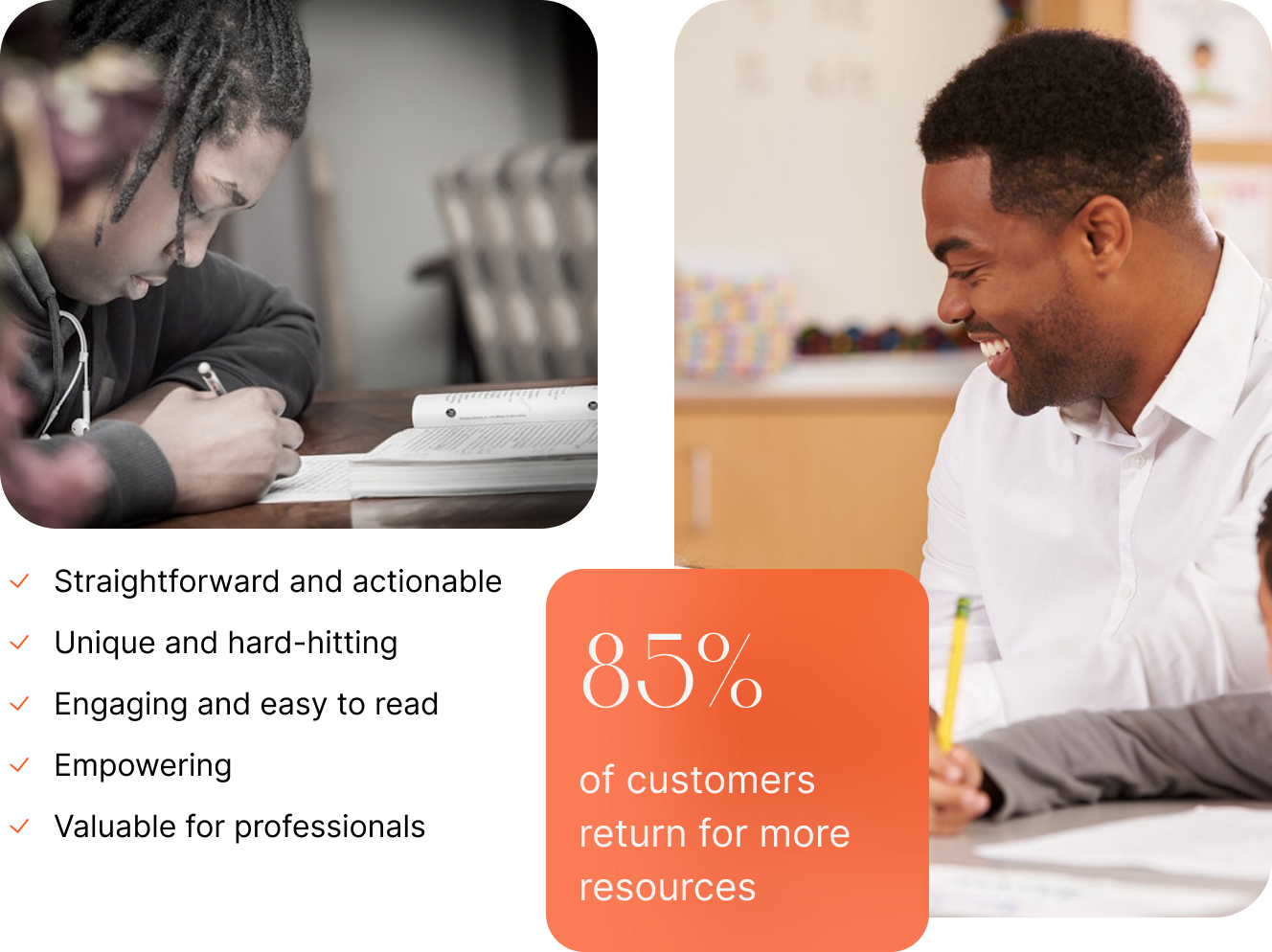 Student writing in a workbook and a mentor smiling with a child — highlighting 2Inspire Publications’ mission to empower youth through education and connection.