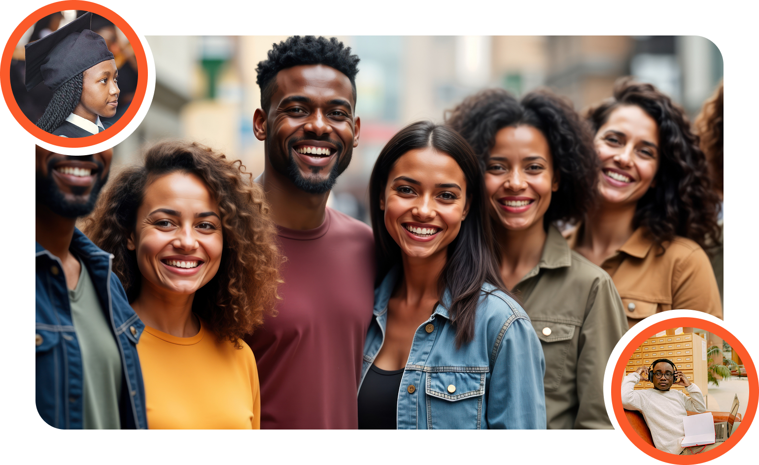 Diverse group of smiling young adults, framed by images of a student and a scholar — representing the supportive community behind 2Inspire Publications.
