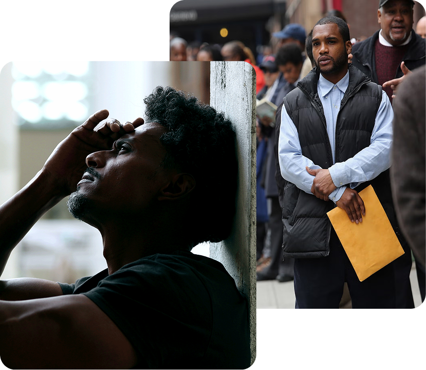 Man in distress and another standing in a job line — representing the real-life challenges 2Inspire Publications addresses to empower youth beyond the page.