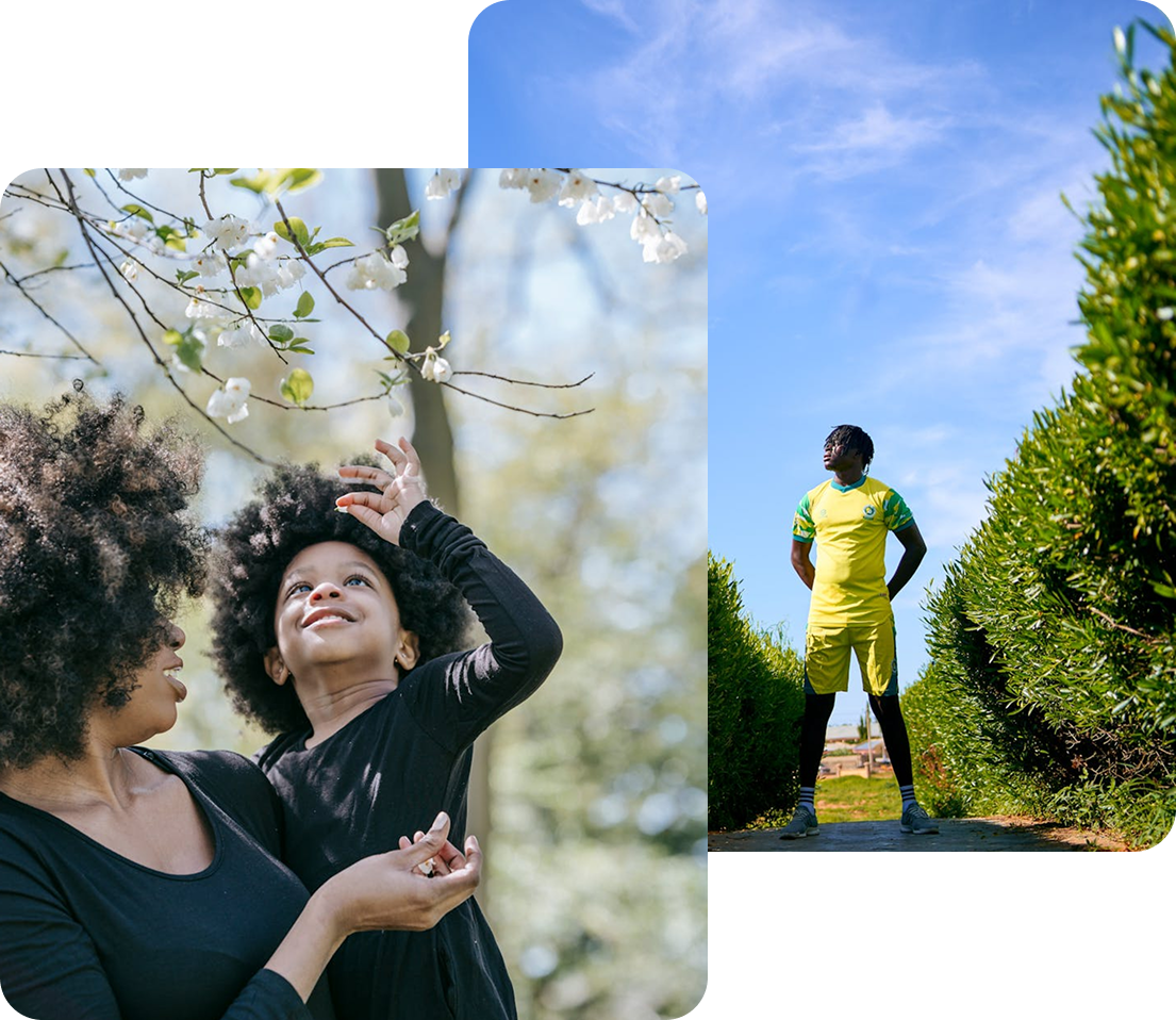 A joyful mother lifts her child to reach blooming flowers, while a young man stands confidently outdoors, symbolizing growth, learning, and hope.