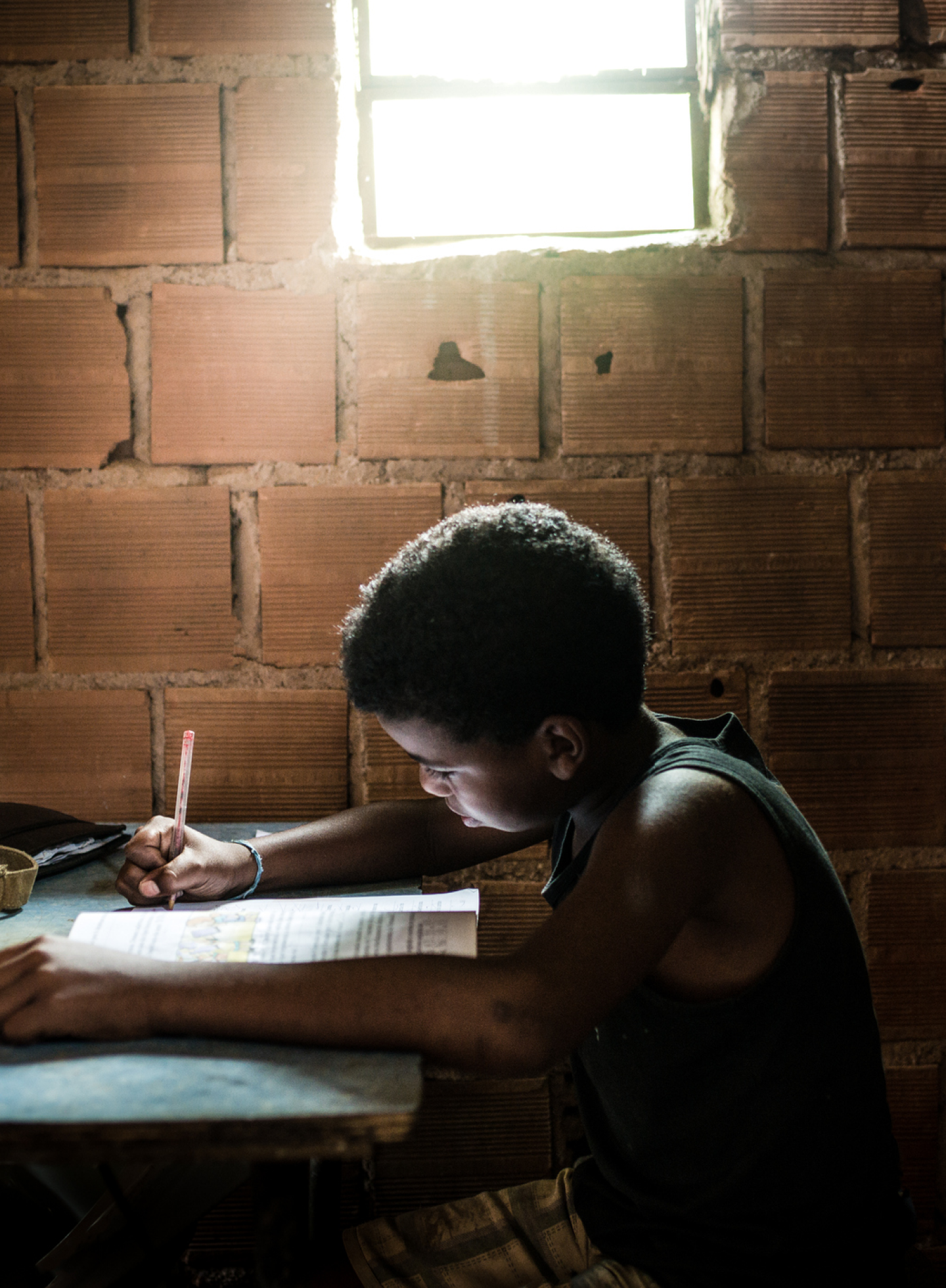 Young boy studying under natural light in a modest room, focused on career development and education.
