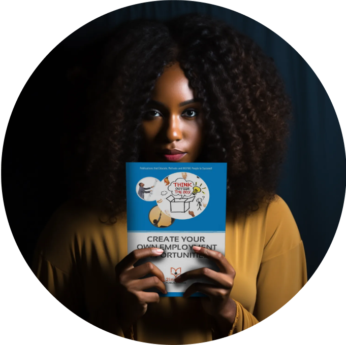 Young woman confidently holding a 2Inspire Publications guide titled ‘Create Your Own Employment Opportunities’ — symbolizing financial independence.