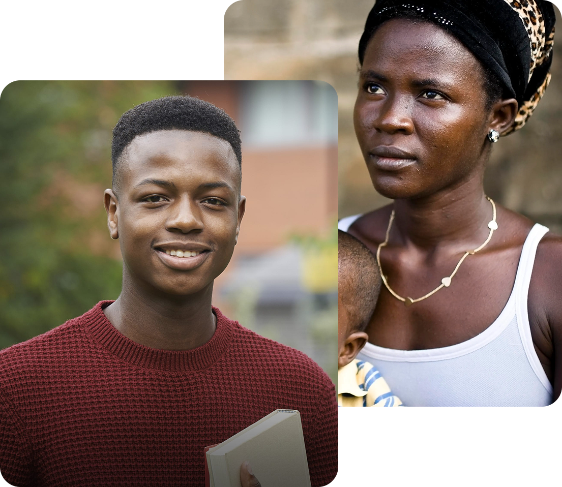 Young man holding a book and woman with child—highlighting the impact of essential money skills on individuals and families.