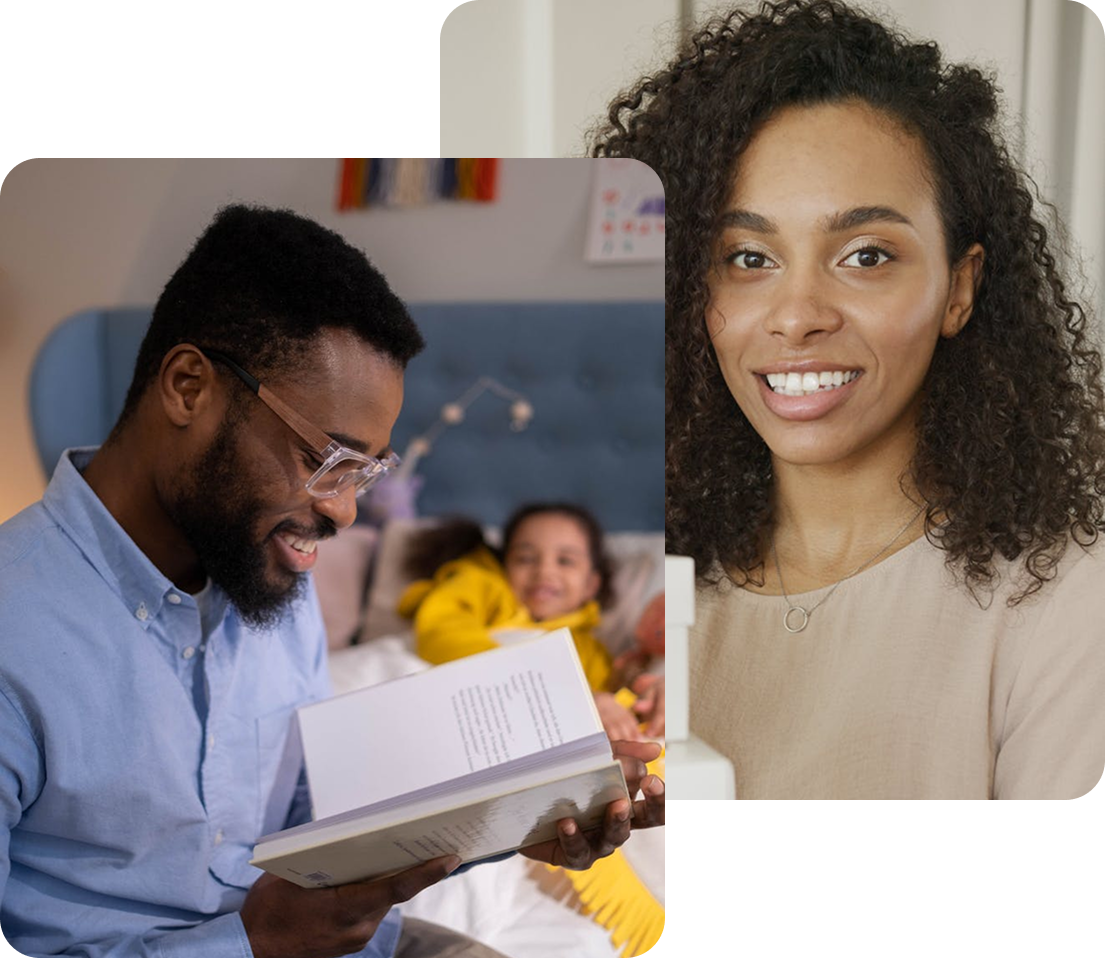 Smiling man reading a book with children in the background and a confident woman—representing transformative learning and personal growth.