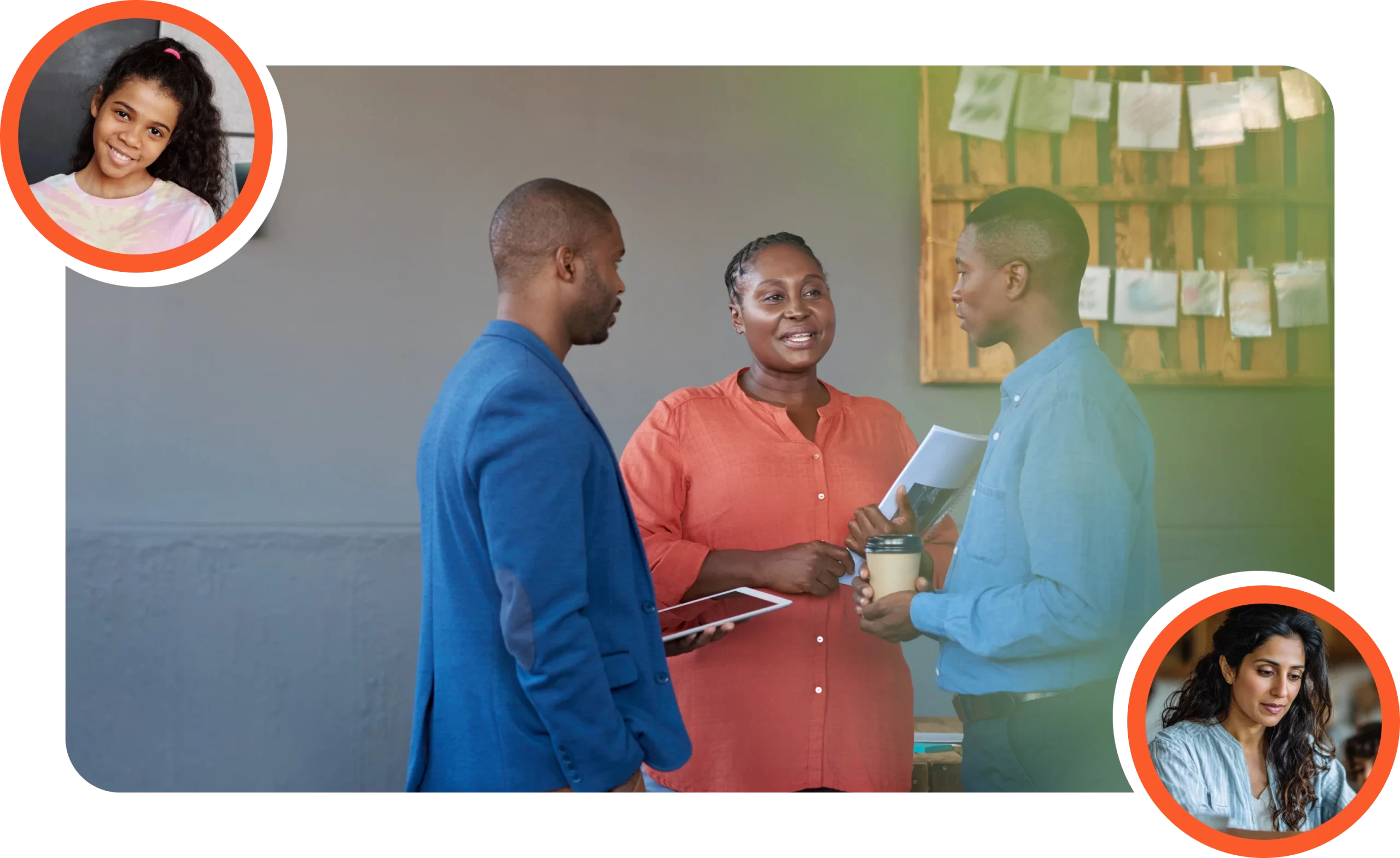 Three adults in discussion with documents and coffee, surrounded by images of smiling children — symbolizing 2Inspire Publications’ welcoming and empowering community.