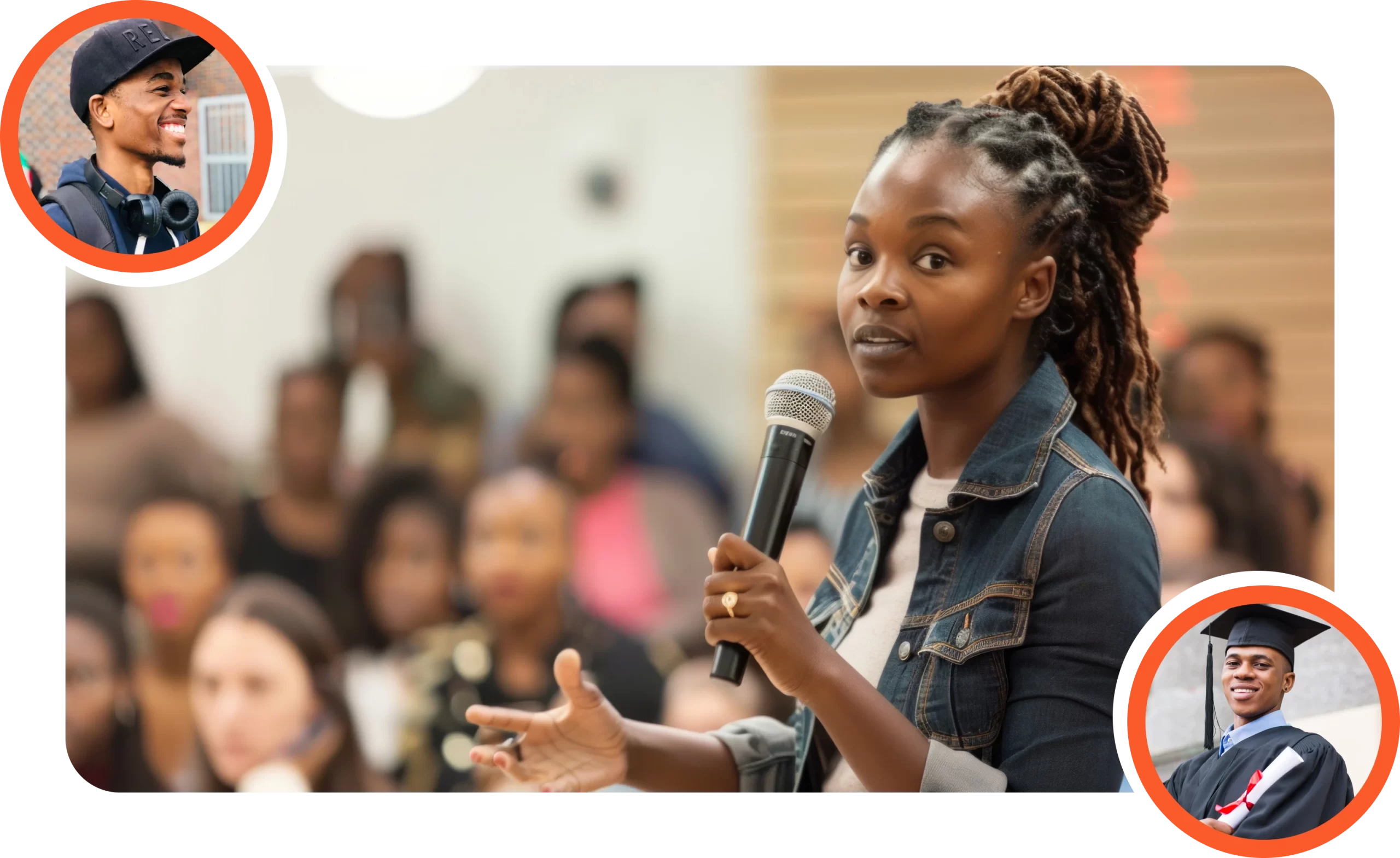 A young woman speaking confidently to a crowd, flanked by images of youth and community life — symbolizing 2Inspire Publications’ mission and story.